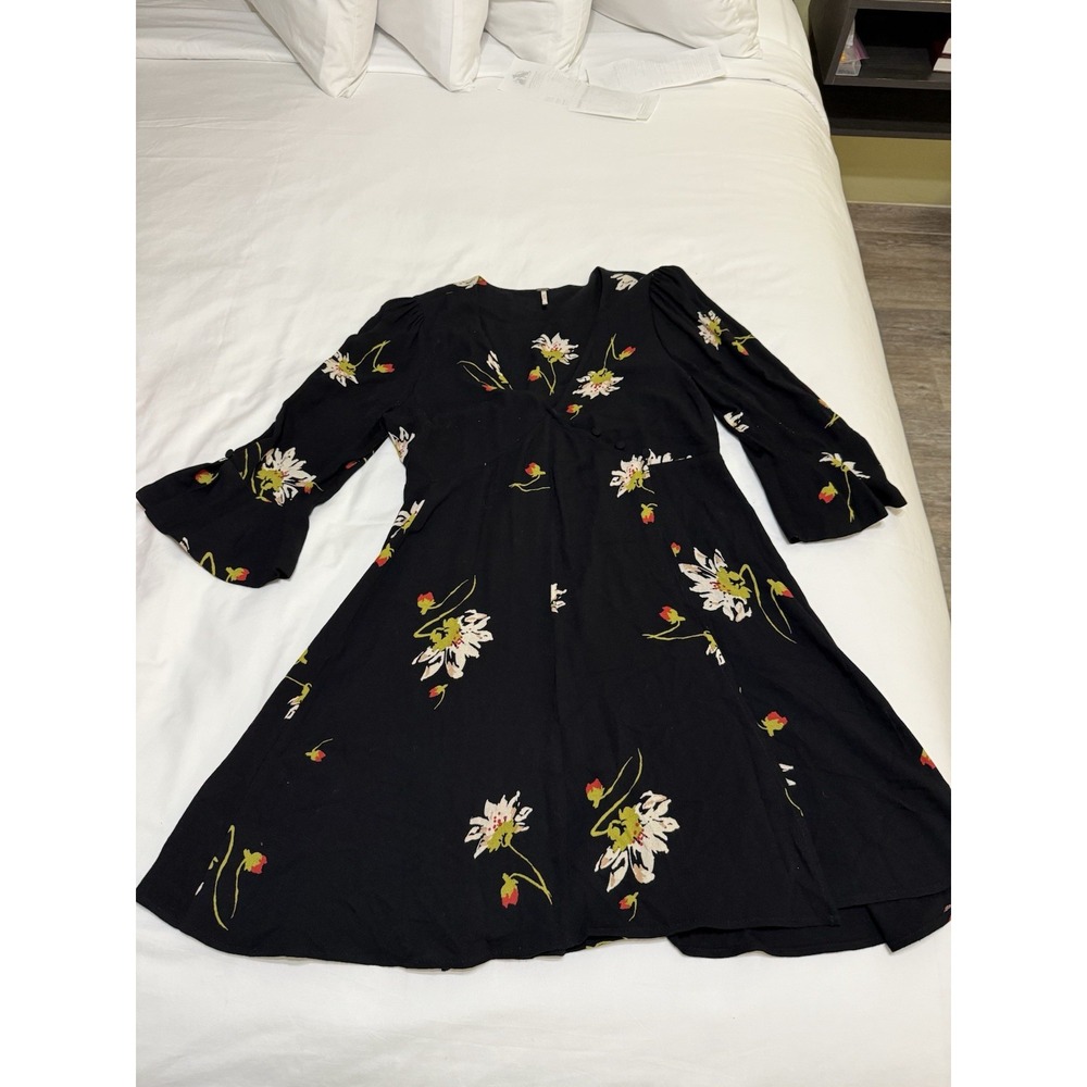 Free People Women's Black Mini Floral Dress With Bell Sleeves Size XS